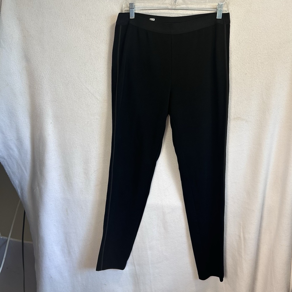 Eileen Fisher Black Pull On Pants Piping M Elastic Waist Tencel Tapered Side EUC